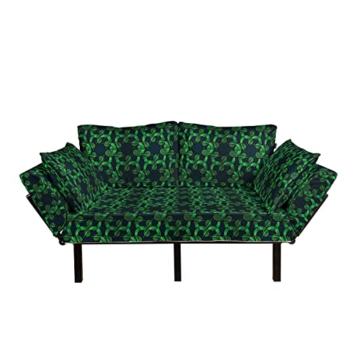 Ambesonne Botanical Futon Couch, Abstract Ivy Look Thorn Like Branches Swirling Zentangle Nature Artwork, Daybed with Metal Frame Upholstered Sofa for Living Dorm, Loveseat, Dark Teal and Green