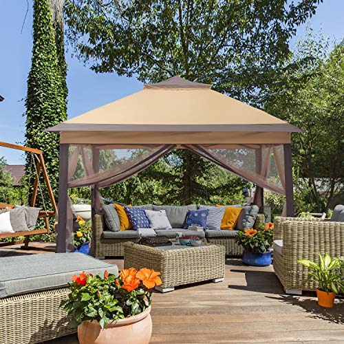 11x11ft Outdoor Pop up Gazebo Canopy with Netting and Solar Lights Waterproof Patio Gazebo Shelter with Ground Nail and Rope(Khaki)