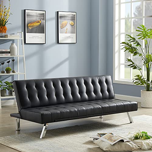 Black PU Sofa Bed, Modern Faux Leather Couch, Convertible Folding Sofa Bed
