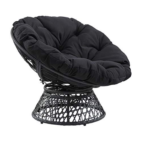 OSP Home Furnishings Wicker Papasan Chair with 360-Degree Swivel, Grey Frame with Black Cushion