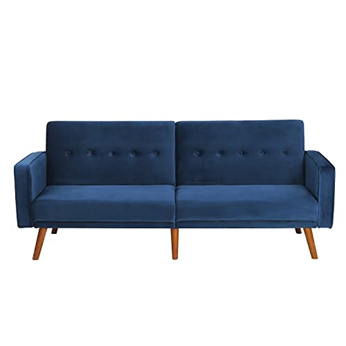 80“ Wide Navy Blue Velvet Couch Square Arm Sleeper Sofa Bed with Solid Wood Legs