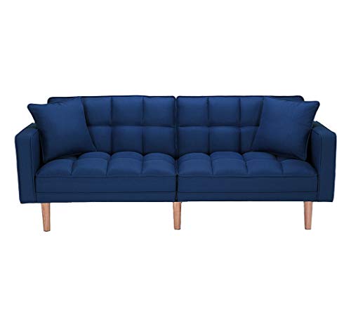 Modern Futon Sofa Bed, Convertible Sleeper Sofa with Armrests and 2 Pillows, Recliner Couch with 5 Solid Wooden Legs, Twin Size Sofa for Living Room Handpicked Fabric (Dark Blue)
