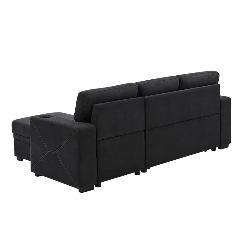 Trent Home Upholstery Polyester Blend Fabric Convertible Sectional Sleeper Sofa with Cup Holders in Black
