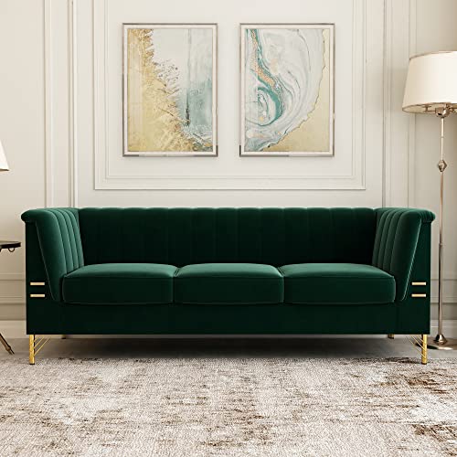 Mid-Century Modern Velvet Upholstered Chesterfield Sofa Couch, 3 Seat Tufted Back Couches with Flared Arms & Metal Legs, Sleeper Sofa for Living Room, Compact Living Space, Apartment, Bonus Room,Green
