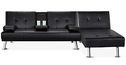 Yaheetech Faux Leather Sectional Sofa Couch Sectional Living Room Furniture Set Convertible Futon Sofa Beds with Chaise Lounge Black