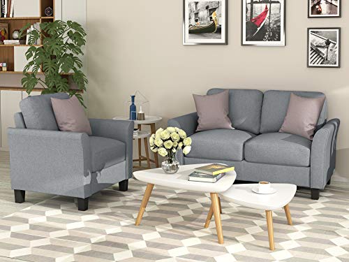 Rhomtree Living Room 2 Piece Sofa Couch Set,2 Seats Loveseat Single Chair Sectional Sofa Set, Living Room Furniture Set Single Chair and 2-seat Sofa (Gray)