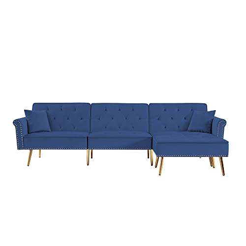 Misscue Sectional Sofa Bed - Velvet Tufted Convertible Couch with 2 Pillows, Nailhead Trim, and Metal Legs - Small Sofabed for Bedroom, Living Room, Apartment - Blue with Gold Detail (L-Shape, Blue)
