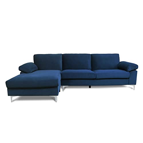 ATY L Shape Velvet Sectional Sofa, Futon Corner Couch Chaise with Metal Legs and Removable Cushions Perfect for Living Room, Left Hand Facing, Navy Blue
