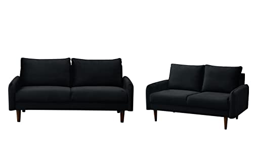 INSTORY Modern Sofa Set Velvet Loveseat & Sofa Set 2 Piece Couch Set with Wooden Legs for Living Room, Office, Bedroom - Black