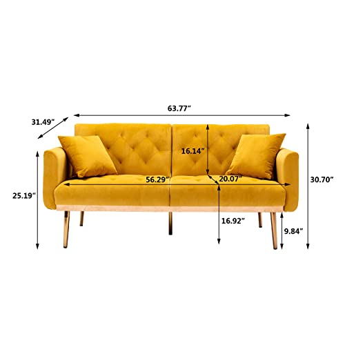 Velvet Futon Sofa Bed,Modern Tufted Fabric Couch with 2 Soft Pillows, Modern Loveseat Convertible Sleeper Sofa for Living Room and Bedroom(Mango Color)