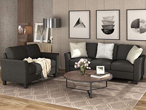 2-Piece Linen Fabric Upholstered Living Room Furniture Set, Including 3-Seater Sofa and Loveseat Sofa with Seat and Back Cushions, Black