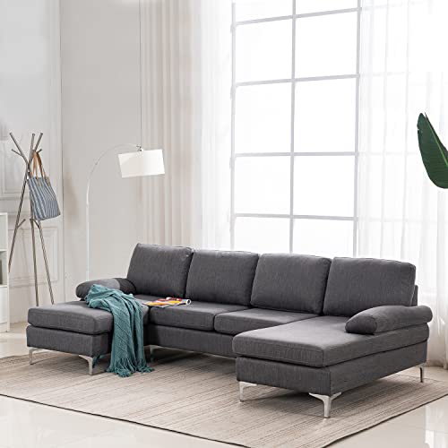 MELLCOM Modern Soft Linen Fabric U-Shape Sectional Sofa Couch, Double Wide Chaise Lounge Couch with Modern Metal Feet for Apartment Living Room, Gray