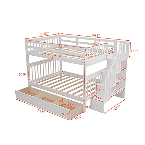 Full-Over-Full Bunk Bed with 4 Storage Stairway , 3 Drawers and Guard Rail, Full-Over-Full Bunk Bed for Bedroom, Dorm, for Family, Kids, Teens, No Box Spring Needed