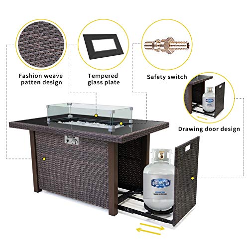 44'' Propane Fire Pit, 50,000 BTU PE Rattan Fire Pit Table with Black Tempered Glass Tabletop, Glass Wind Guard, Auto-Ignition, White Glass Stone, ETL CERT