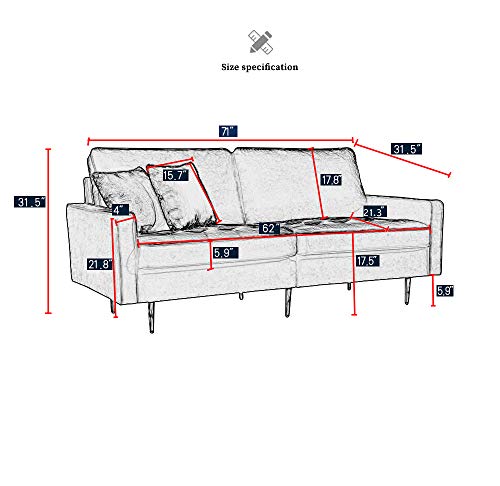 Winwee 71 inches Wide Upholstered Sofa with 2 Throw Pillows for Living Room Modern Design Couch, Straight Arms, Velvet Fabric Upholstery (Pink) (WINWETO-00182)
