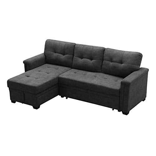 MAKLAINE Contemporary Dark Gray Fabric Reversible/Sectional Sleeper Sofa with Storage and USB Charger