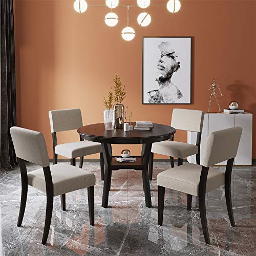 Harper & Bright Designs Dining Room Table Set 5 Piece,Round Table with Bottom Shelf, 4 Upholstered Chairs for Dining Room,Modern Dining Table Set for 4 （Espresso）