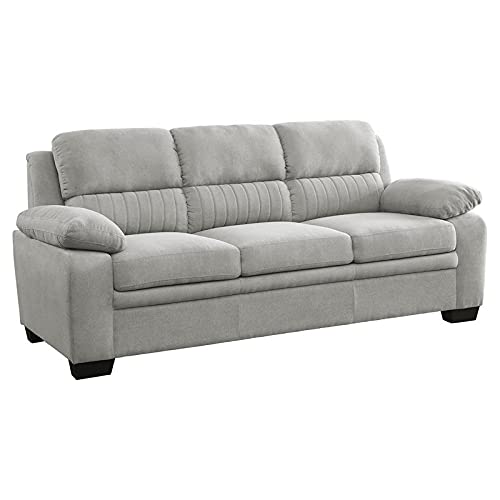 Pemberly Row Plush Channel Tufted Sofa with Pillow Top Arms, Textured Fabric Upholstered 3 Seater Couch for Living Room Home Office, Light Gray