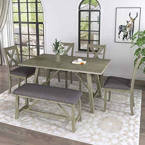 Harper & Bright Designs Dining Table Set for 6, Kitchen Table Set Wooden Table and 4 Chairs and Bench (Grey)