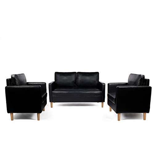 AILEEKISS Mid-Century Sectional Sofa Set Faux Leather Office 3 Pcs Couch Set with Armrest Modern Upholstered Loveseat Couches (1-Seater+1-Seater+2-Seater, Black)