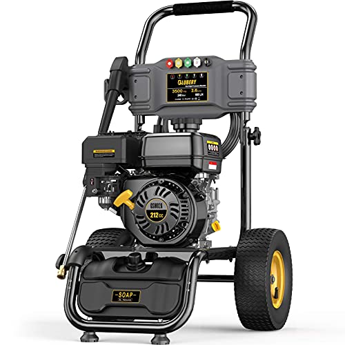 BLUBERY 3500PSI Gas Pressure Washer, 2.6GPM 212CC Power Washer, 50FT Hose&Soap Container, 5 Adjustable Nozzles, Cleaning for Driveway/Concrete/Vinyl Fencing, CARB&EPA CERT…