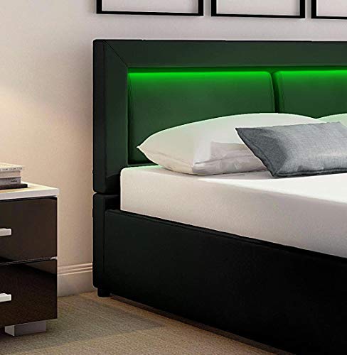 Faux Leather Upholstered Platform Bed Frame with Led Lights Headboard - PU Upholstered Platform Bed - Black Faux Bed Frame with Led Lights - Queen Size (Black PU)