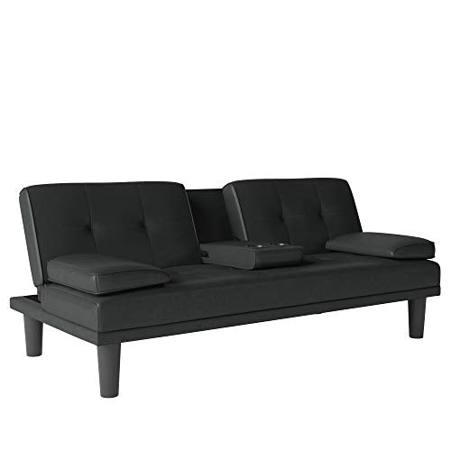 DHP Marley Sofa Sleeper with Cupholder and 2 Pillows, Black Faux Leather