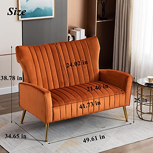 Artechworks Curved Tufted Contemporary Velvet HighBack Loveseat Sofa Chair Upholstered Couch with Gold Metal Legs Two-Seat Sofa for Living Room Bedroom Apartment Small Space Dorm, Caramel Color
