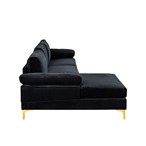 Casa Andrea Milano Modern Large Velvet Fabric Sectional Sofa Couch with Extra Wide Chaise Lounge with Golden Legs, L Shaped, Black