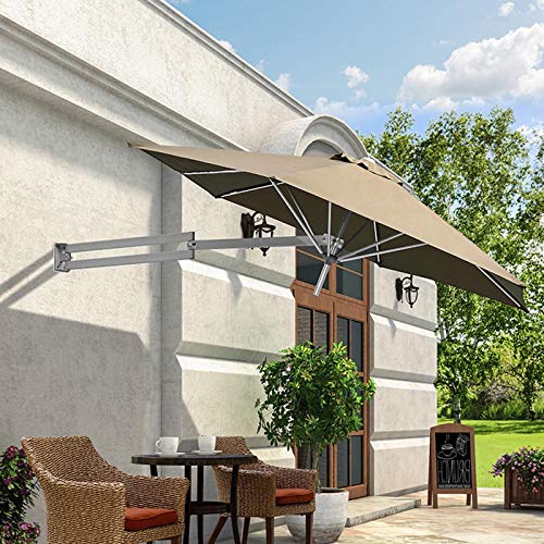 JLXJ Wall Mount Patio Umbrella, 7ft / 2.2m Khaki Tilting Foldable Garden Parasol with Aluminium Pole, Outdoor Sunshade Umbrellas