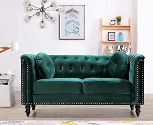 US Pride Furniture High Density Foam 64.17'' Wide Emerald Green Velvet Rolled Arm Chesterfield Living Room Loveseat with Removable Cushion & Solid Wood Legs (S5608-5613) Sofas