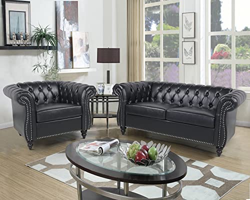 RARZOE 2 Pieces of Living Room Furniture Sofa Sets,Modern Contemporary Tufted Button Faux Leather Accent Club Chair&Chesterfield Loveseat Sofas Set with Nailhead Trim Scroll Arms for Home,Black