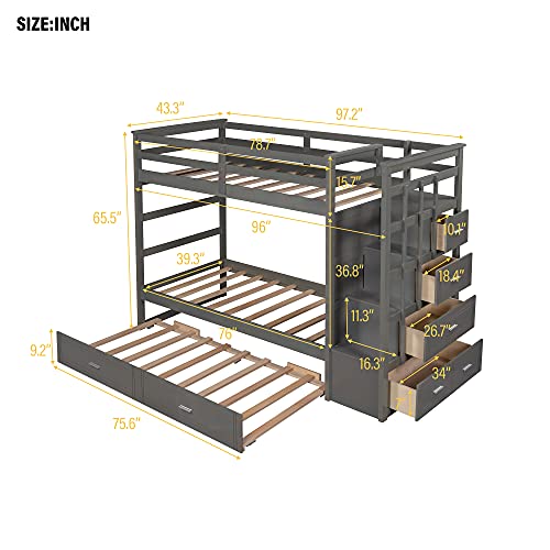 Wood Twin Bunk Bed for Kids, Twin Over Twin Bunk Bed Frame with Trundle and Staircase, Grey
