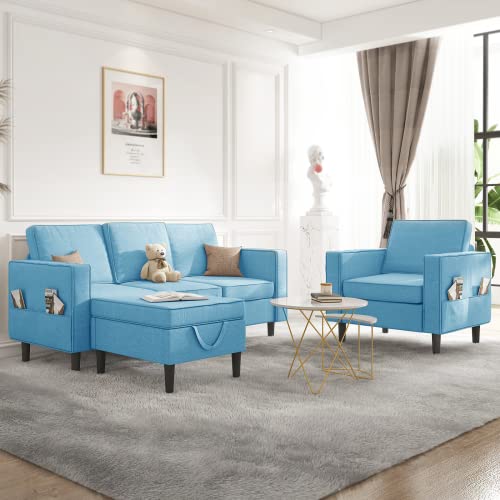 Mjkone Convertible Sectional Sofa Couch with Storage Ottoman, 3 Pcs Couch Set with Storage Pockets, Sectional Couches for Living Room, 3-Seater + Ottoman+ 1-Seater (Light Blue)