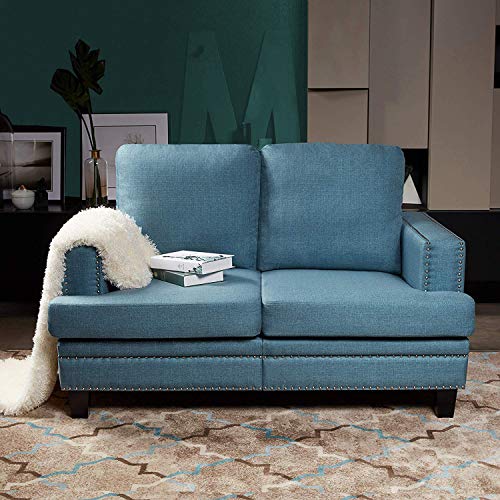 Top Space Loveseat Sofa Modern Upholstered Couch Rivet Style Mid Century Loveseats Casual Arm Chair Living Room Small Space Linen Fabric Furniture(1 PC-2, Blue)