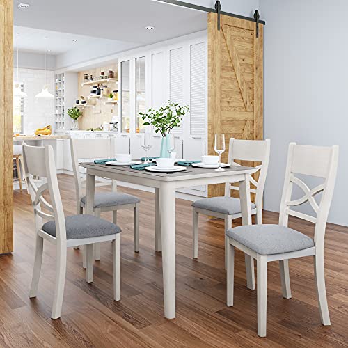 Farmhouse Rustic Dining Room Set of 5, 5-Piece Kitchen Dining Table Set with 4 Upholstered Padded Chairs