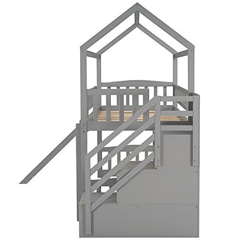 Loft Bed with Slide, House Loft Beds Twin Size with Step Storage Drawers Stairway Playhouse Bed for Kids Toddlers Girls/Boys, Gray
