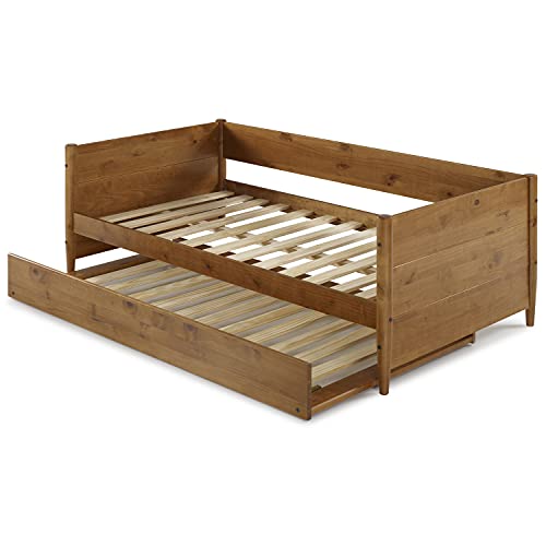 Mid-Century Modern Daybed and Trundle Set/Solid Wood/Panel Headboard /No Box Spring Needed/Mattress Foundation has 14 Wood Slats and 1 Center Support/Twin Trundle/Easy Assembly, Castanho Finish, Twin