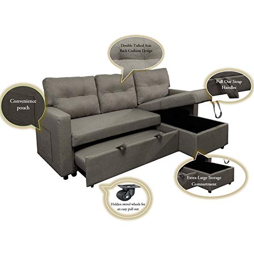 BOWERY HILL Reversible/Sectional Sleeper Sofa, Pull Out Sleeper Bed with Storage in Beige