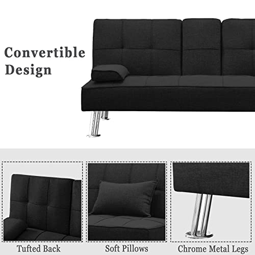 3 Pieces Convertible Sectional Sofa Couch, L-Shaped Sectional Sofa Bed with Two Cup Holders and Ottoman, Tufted Fabric Sofa with Removable Armrest, Modern Living Room Sofa Furniture Set (Black)