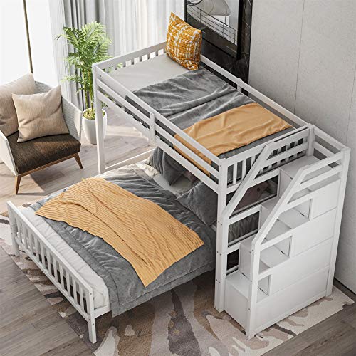 Twin Over Full Loft Bed with Storage, Wood Bunk Bed with Stairs,No Box Spring Needed, White