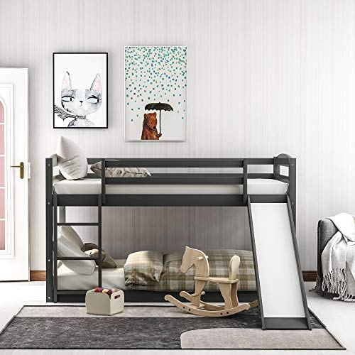 Twin Over Twin Low Bunk Bed with Slide and Ladder,Wood Bunk Bed for Kids ,Gray