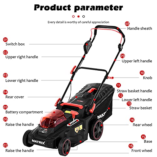 Lawn Mower, 40V Cordless 16 in Walk Behind Push Lawn Mower, 6-Position Height Adjustment, Adjustable Handle, 35L Capactiy Collection Bag, w/2 x 4.0-Ah Battery with Charger, Delivery from USA