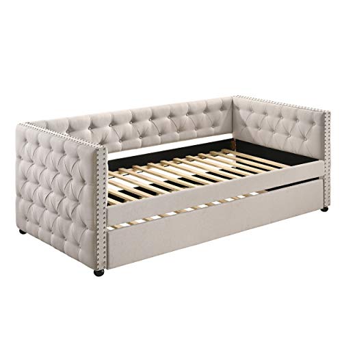 Daybed with A Trundle, HABITRIO Solid Wood Structure Beige Fabric Upholstered Twin Size Day Bed Frame w/Twin Roll-Out Trundle, No Box Spring Needed, Furniture for Bedroom, Living Room, Guest Room