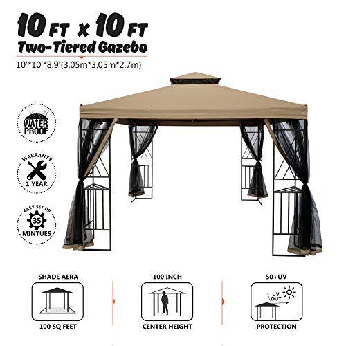 Suna Outdoor 10x10 Ft Outdoor Gazebo Steel Frame Two-Tiered Top Canopy, X Shape Decor Gazebo with Adjustable Netting for Garden Backyard, Tan