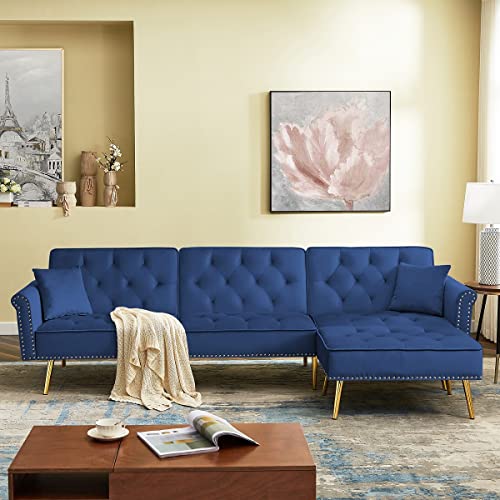 Kevinplus Convertible Sofa Bed, Sleeper Modern Living Room Velvet Sofa Bed Sectional Couch for Living Room, Velvet Fabric (Navy Blue)