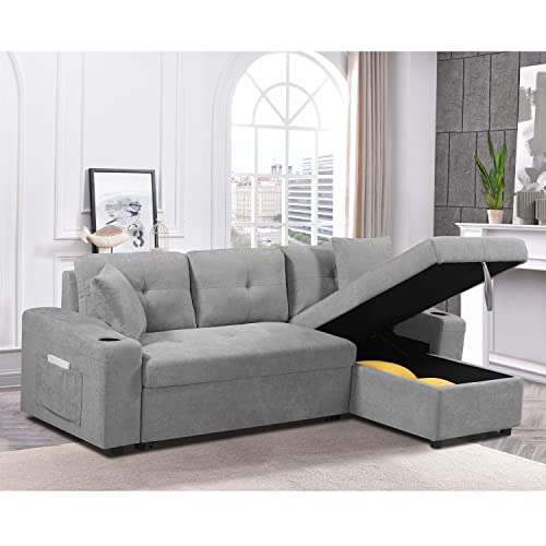 STARTOGOO Modern Linen L-Shape Sectional Sleeper Sofa Convertible Couch Bed with Storage Chaise Lounge,Side Pockets,Cup Holders,2 Pillows for Living Room Apartment Furniture, Light Gray