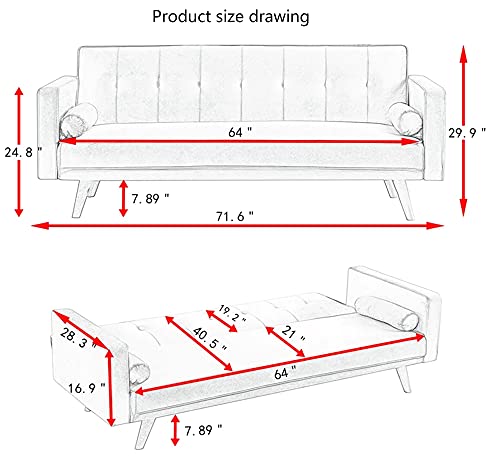 Convertible Futon Sofa Bed with Removable Arm, Modern Upholstered Sleeper Sofa Couch with Adjustable Backrests, Loveseat Recliner for Living Room Apartment, Blue