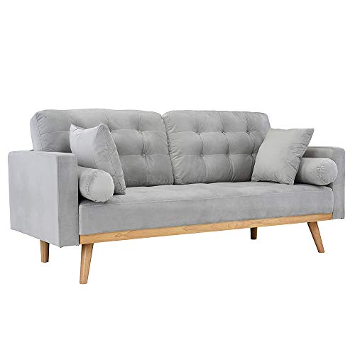 Casa Andrea Milano LLC Mid Century Modern Tufted Upholstered Fabric Sofa Couch, Light Grey Velvet