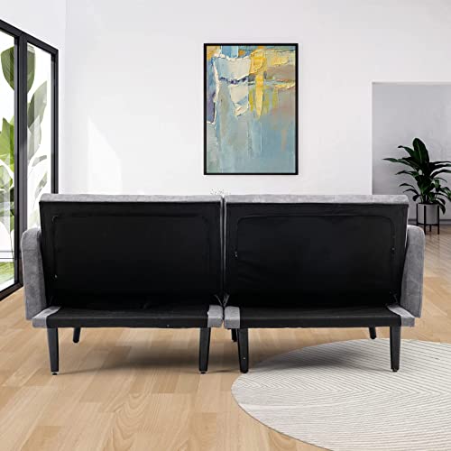 Oyerol Convertible Futon Sofa Bed, Modern Linen Split-Back Folding Loveseat Sleeper Sofa Couch Bed, Couches Furniture for Living Room, Apartment with 2 Pillows, Detachable Armrest - Dark Grey